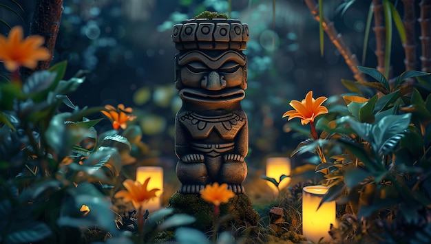 Eine rätselhafte Tiki-Statue inmitten von üppigem Laub mysteriöses Abend-Ambiente mit leuchtenden Lichtern ruft Abenteuer und Erforschung hervor künstlerische atmosphärische Nachtszene KI