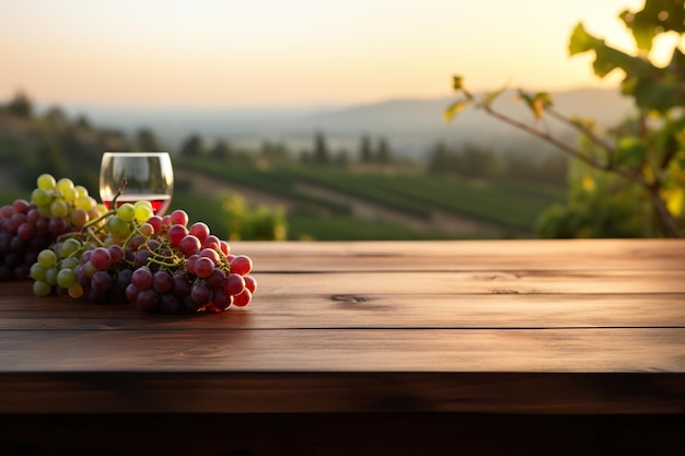 Eine raffinierte dunkle Holzplatte mit einem Weinberg im Hintergrund