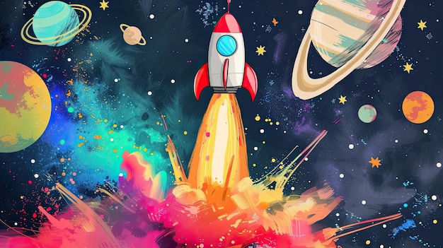Eine Rakete, die absteigt Abstraktion Wissenschaft Spielzeug Geschwindigkeit Himmel ISS Kompartiment Schwerkraft doodle Weltraum Treibstoff Flug Mond Astronaut Start Träger Feuer Erzeugt von KI