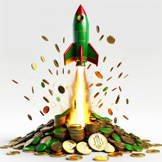 Foto eine rakete, die aus einem münzhaufen hervorgeht