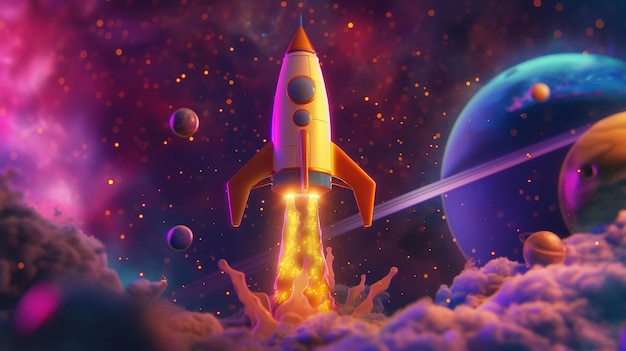 eine Rakete, die durch den Weltraum fliegt mit Planeten und Planeten