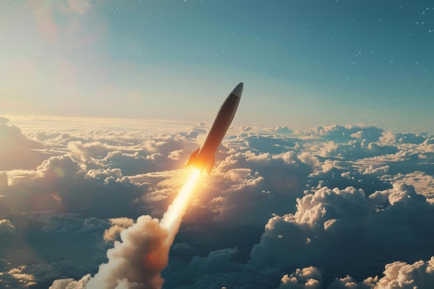 Foto eine rakete fliegt durch den himmel mit einer leuchtend orangefarbenen flamme hinter sich