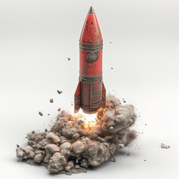 eine Rakete mit einer roten Flagge darauf und den Worten Rakete auf der Unterseite