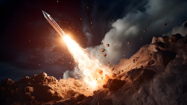 Eine Rakete wird von der Erde gestartet und hinterlässt eine Spur von Feuer, während sie zu den Sternen aufsteigt