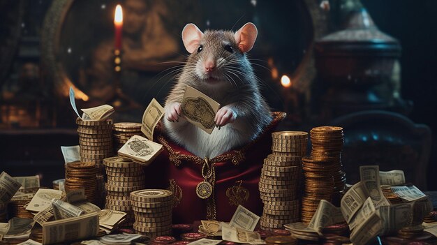 Foto eine ratte sitzt in einem stapel münzen und hält ein stück goldmünzen.