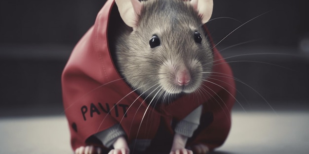 Eine Ratte trägt eine rote Jacke mit dem Wort pave darauf