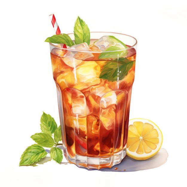 Eine realistische Aquarell-Illustration eines erfrischenden Eistee-Cocktails