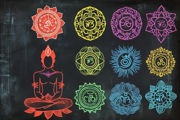 Foto eine realistische darstellung der sieben chakras, die mit kreide auf einer tafel gezeichnet wurden illustration verschiedener yoga-chakra-symbole ki generiert