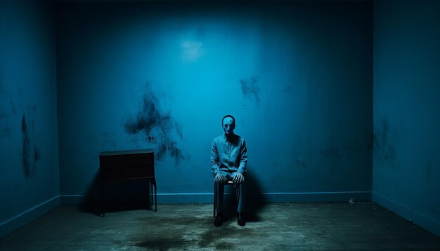 Foto eine realistische fotografie jemand allein in einem leeren raum mit blauen farben