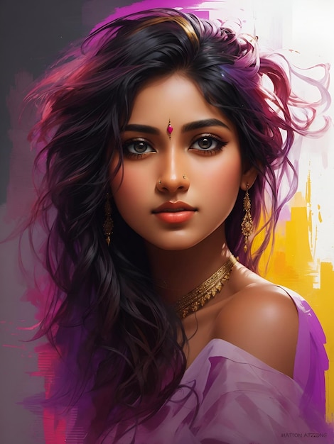 Eine realistische, hübsche junge indische Frau oder ein Mädchen mit Goldschmuck, die in die Kamera schaut