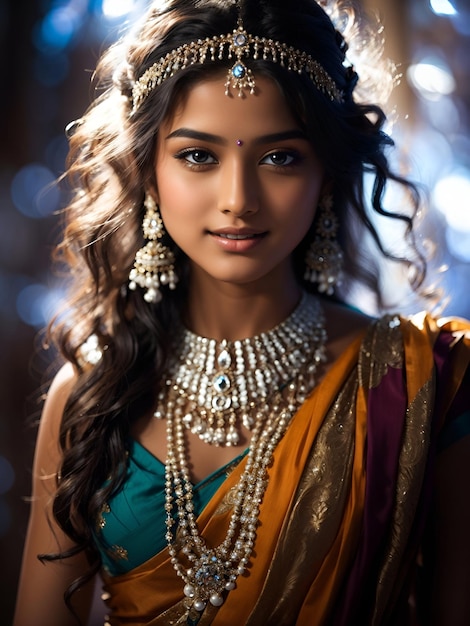 Eine realistische, hübsche junge indische Frau oder ein Mädchen mit Goldschmuck, die in die Kamera schaut
