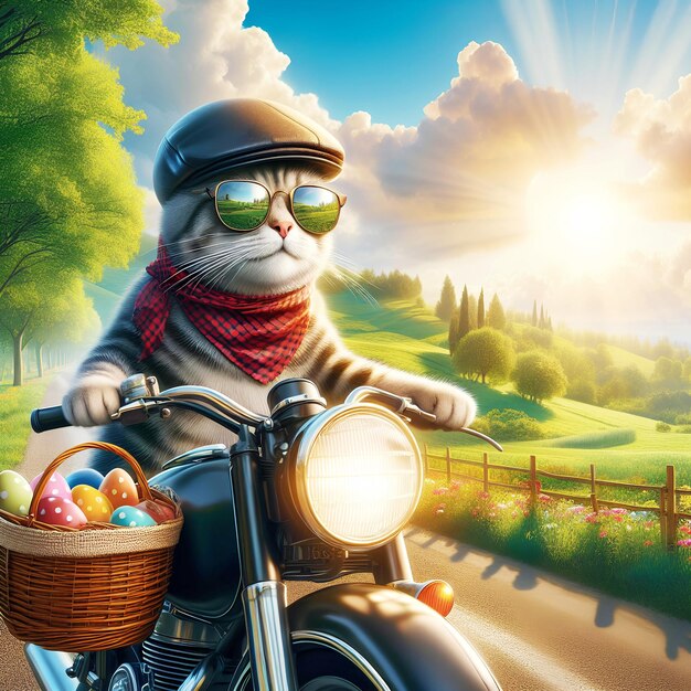 Eine realistische Katze auf einem Motorrad mit Sonnenbrille, ein Korb auf der Rückseite voller farbenfroher Eier