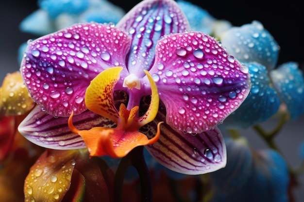 Foto eine realistische nahaufnahme einer regenbogen-orchidee mit mehrfarbigen blütenblättern.