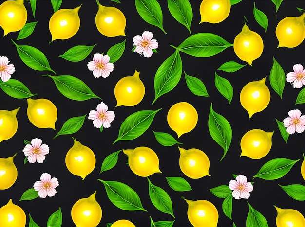 Eine realistische Neon-Farbpalette stellt einen blumig bemalten Hintergrund dar, der mit lebendigen Zitronen und Blättern geschmückt ist.