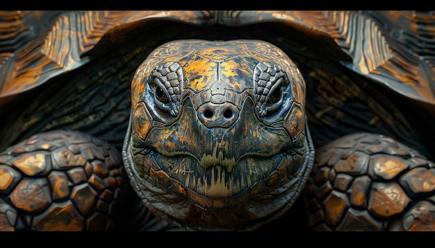 Foto eine rechte sicht auf eine schildkröte mit komplizierten mustern und aufmerksamen augen