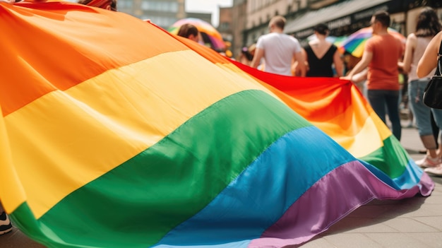 Eine Regenbogenfahne wird in einer Parade gehalten.