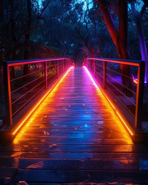 Foto eine regenbogenfarbene brücke, die nachts beleuchtet wird