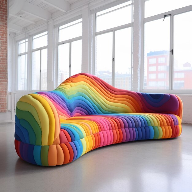 Eine regenbogenfarbene Couch steht in einem Raum mit einem großen Fenster