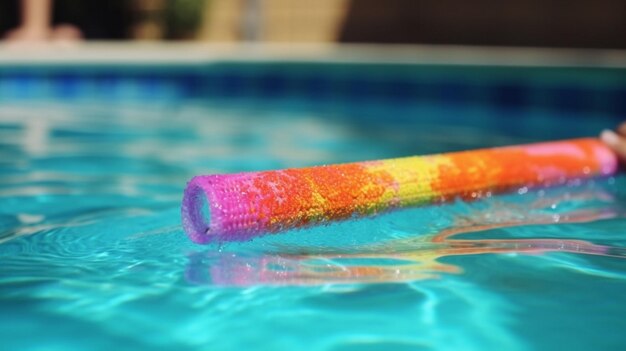 Eine regenbogenfarbene Röhre, die in einem Pool schwimmt.