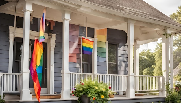 eine Regenbogenflagge hängt an einer Veranda eines Hauses