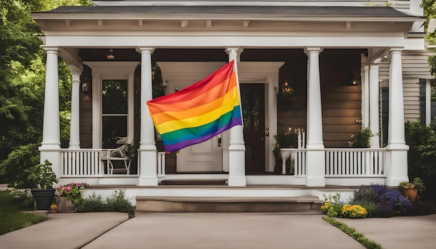 eine Regenbogenflagge hängt an einer Veranda