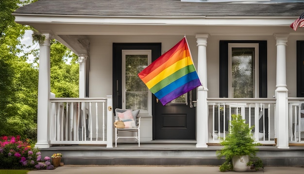 eine Regenbogenflagge hängt vor einem Haus