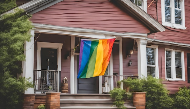 eine Regenbogenflagge hängt vor einem Haus