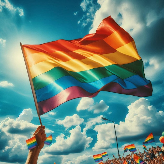 eine Regenbogenflagge wird in der Hand einer Person gehalten