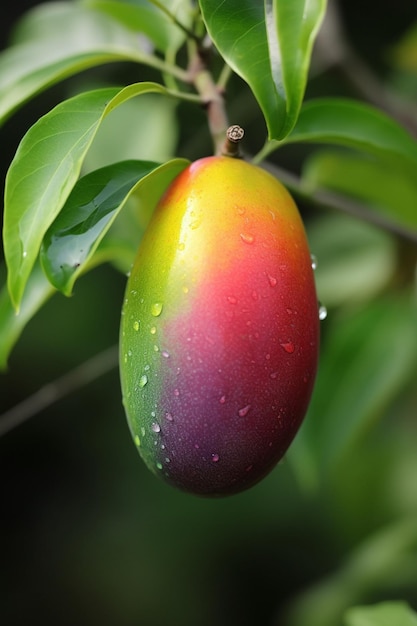 Eine Regenbogenmango hängt an einem Baum.