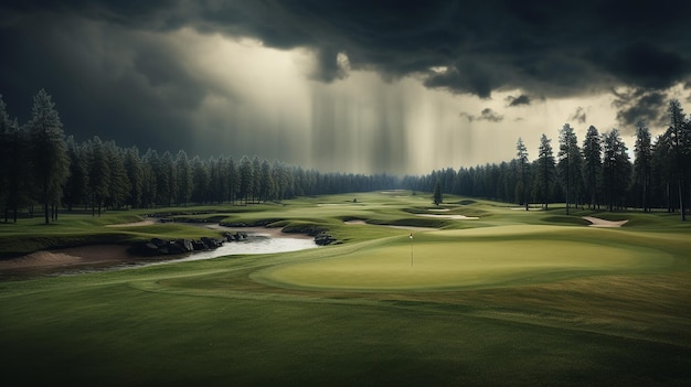 eine Regenverzögerung auf einem grünen Golfplatz auf einer stürmischen Wolke