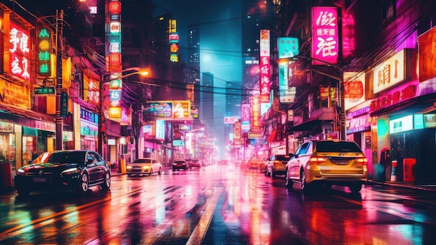 Eine regnerische Nacht in Hongkong mit Leuchtreklamen an der Seite