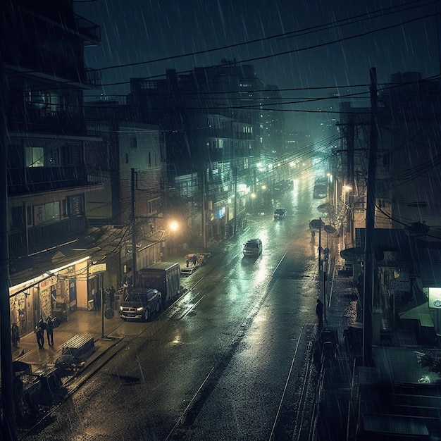Eine regnerische Nacht mit einem Auto auf der Straße und einem Schild mit der Aufschrift „Regen“.