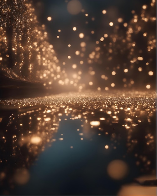 eine regnerische Nacht mit einer Reflexion eines Baumes und einer Pfütze Wasser.