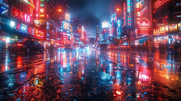 Foto eine regnerische stadtstraße mit neonzeichen an der seite