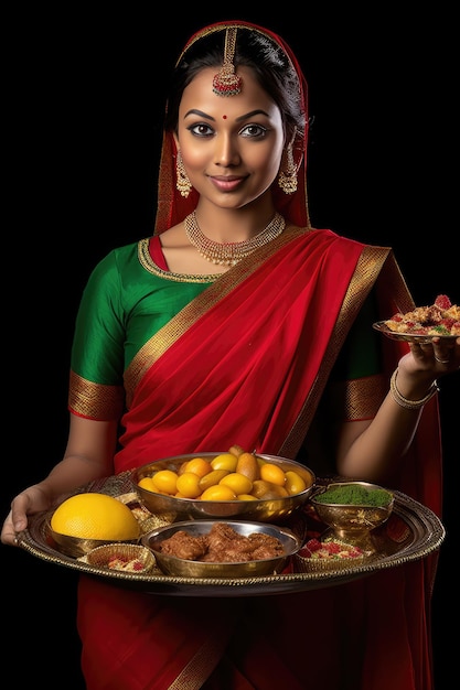 Eine reiche kulturelle Erfahrung. Indische Frau bietet einen traditionellen Essensteller an
