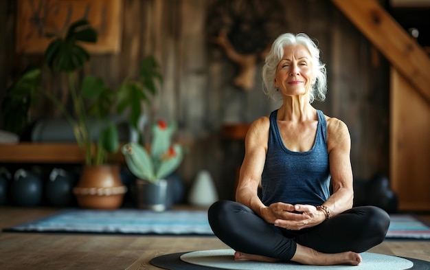 Eine reife Frau sitzt in einem Yoga-Studio