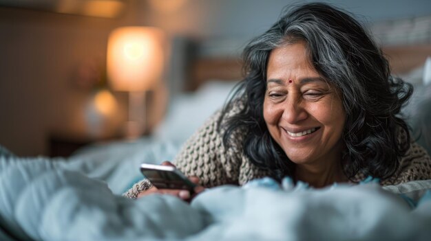 eine reife lächelnde indische Frau, die im Bett liegt und auf ihr Handy schaut