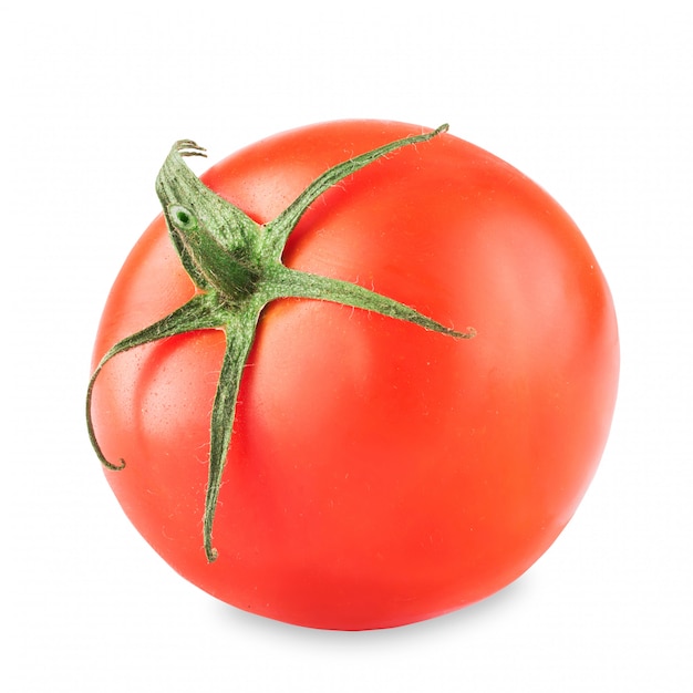 Eine reife Tomate auf einem weißen Hintergrund. Tomate auf einem weißen