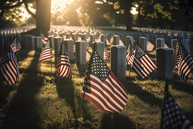 Eine Reihe amerikanischer Flaggen befindet sich auf einem Friedhof.