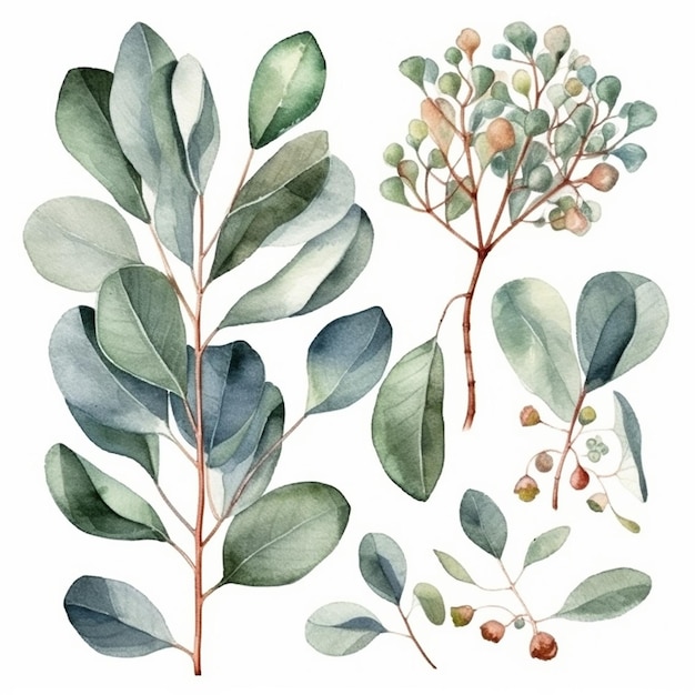 Eine Reihe botanischer Aquarellillustrationen von Eukalyptusgrünpflanzen und -blättern