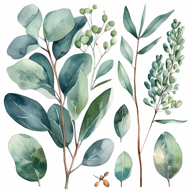 Eine Reihe botanischer Aquarellillustrationen von Eukalyptusgrünpflanzen und -blättern