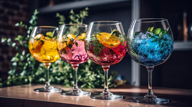 Eine Reihe bunter Cocktails mit Eiswürfeln darin