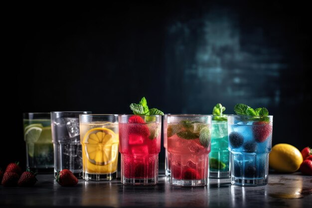 Eine Reihe bunter Cocktails mit verschiedenen Geschmacksrichtungen, darunter Himbeeren, Zitrone, Minze und Zitrone