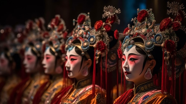 Eine Reihe chinesischer Tänzer in einer Reihe mit roten Augen und einem roten Kopfschmuck.