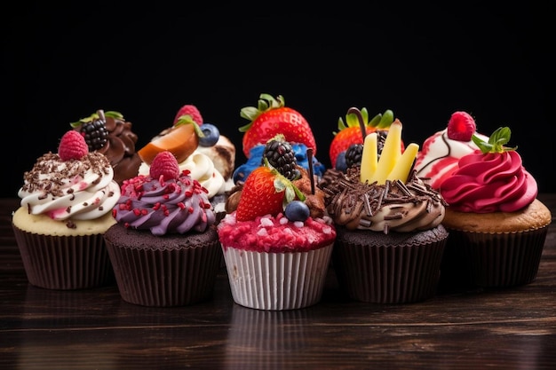 Eine Reihe Cupcakes mit Erdbeeren und Erdbeeren darauf.