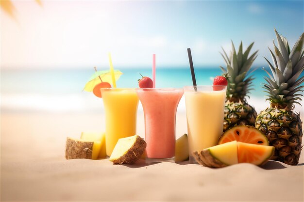 Eine Reihe exotischer Sommergetränke vor sandigem Strandhintergrund, die zur Entspannung anregen sollen