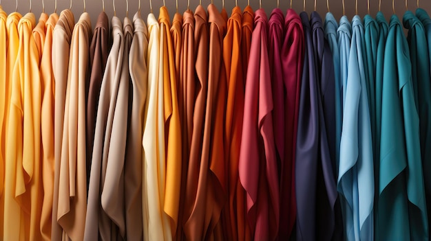 eine Reihe farbenfroher Hemden, die in einem Schrank hängen.