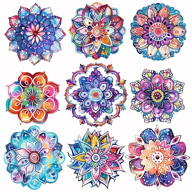 Eine Reihe farbenfroher Mandala-Blüten mit einem blau-goldenen Mittelpunkt Die Blüten sind in einem Muster angeordnet und von einem weißen Hintergrund umgeben