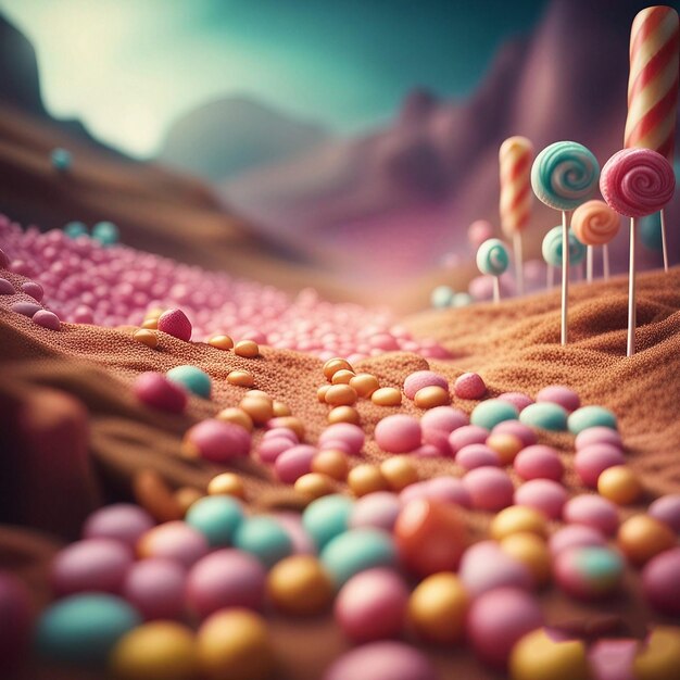 Foto eine reihe farbenfroher süßigkeiten sind auf einem strand.