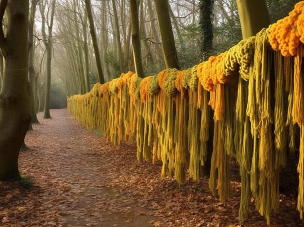 Foto eine reihe gelber fäden, die an einem baum in einem wald hängen.